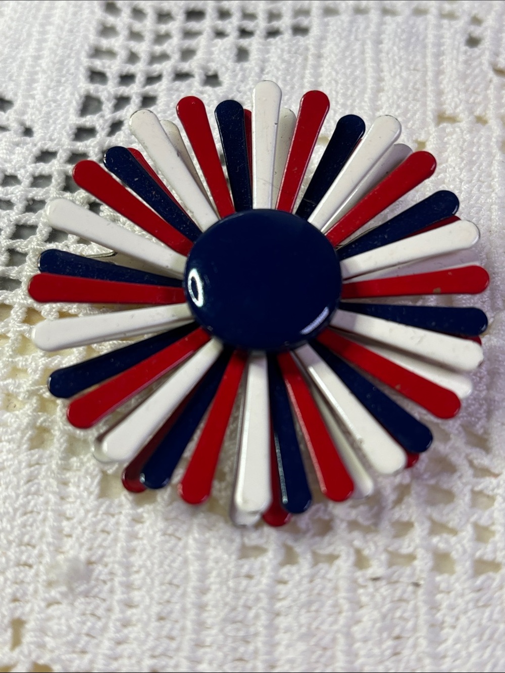 Patriotic Red White & Blue Enameled Flower Brooch
